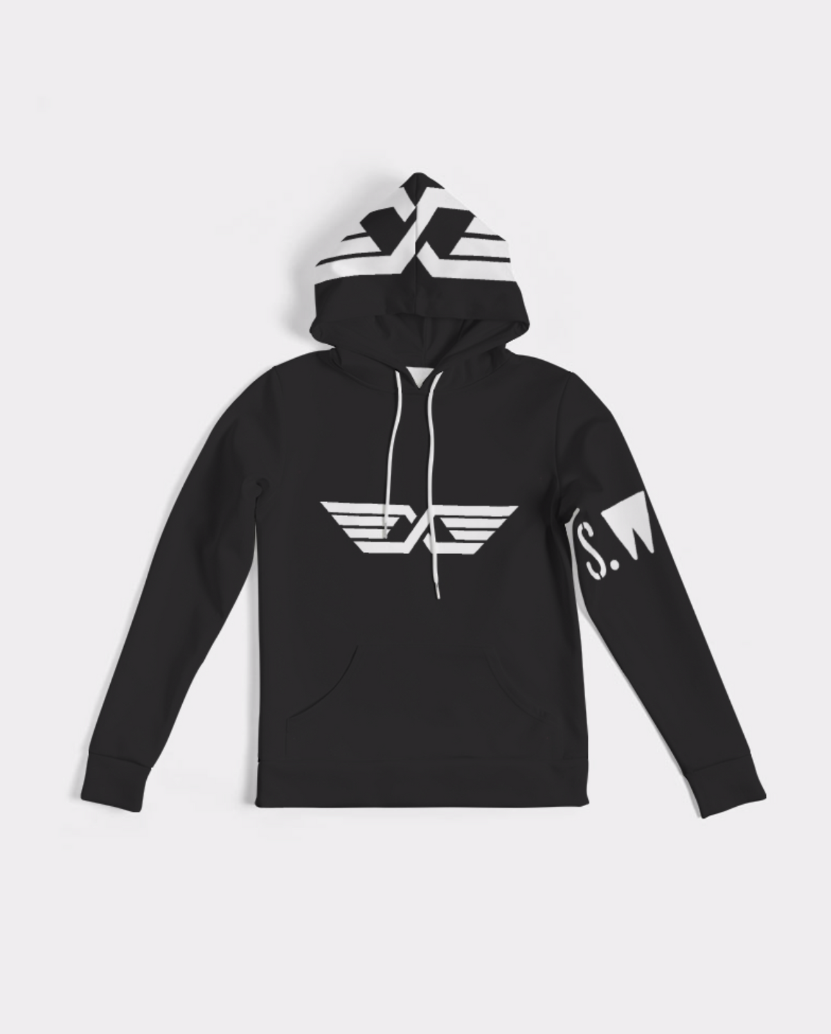 A black pullover hoodie with white graphic logos, including a stylized winged emblem on the chest and a sleeve print