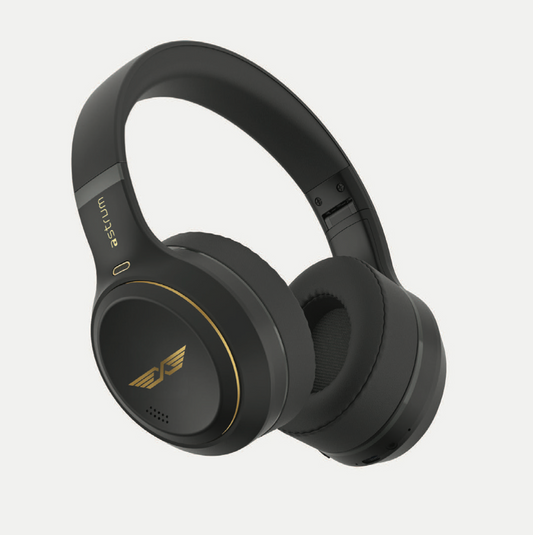 Starling World wireless headphones in black with gold wingmark logo, angled view