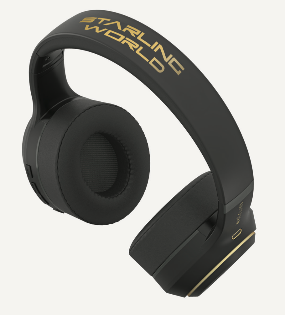 Starling World wireless headphones in black, gold Starling World logo across headband