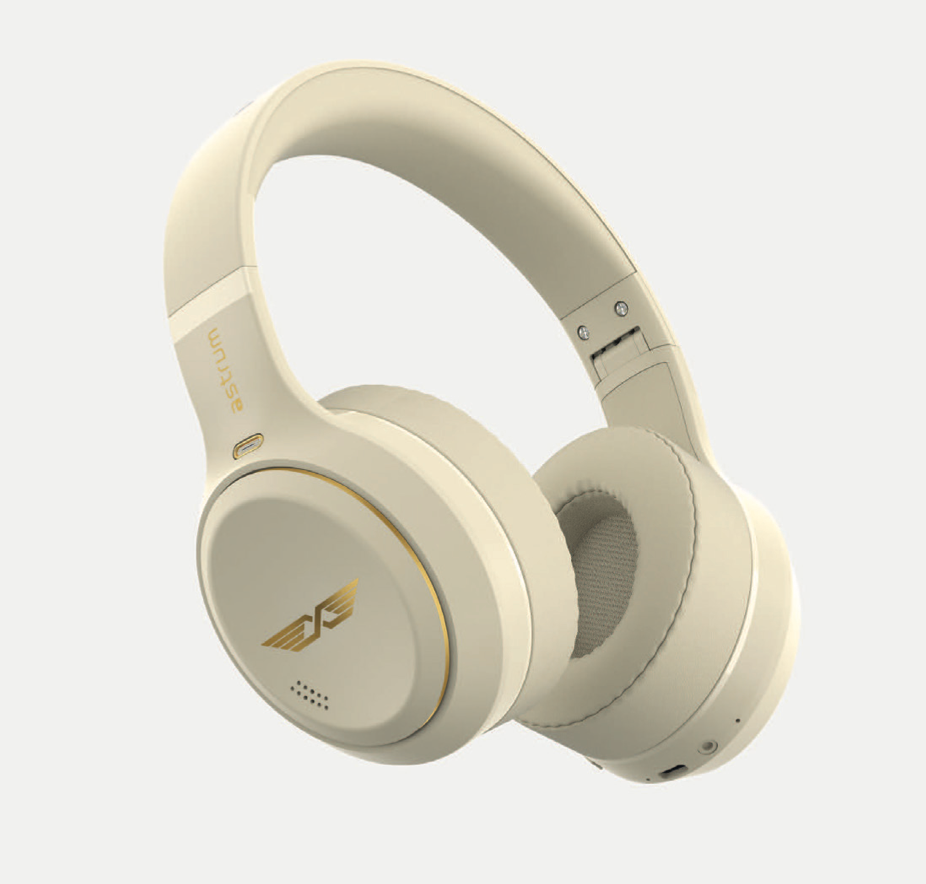 Starling World wireless headphones in cream with gold wingmark logo, angled view
