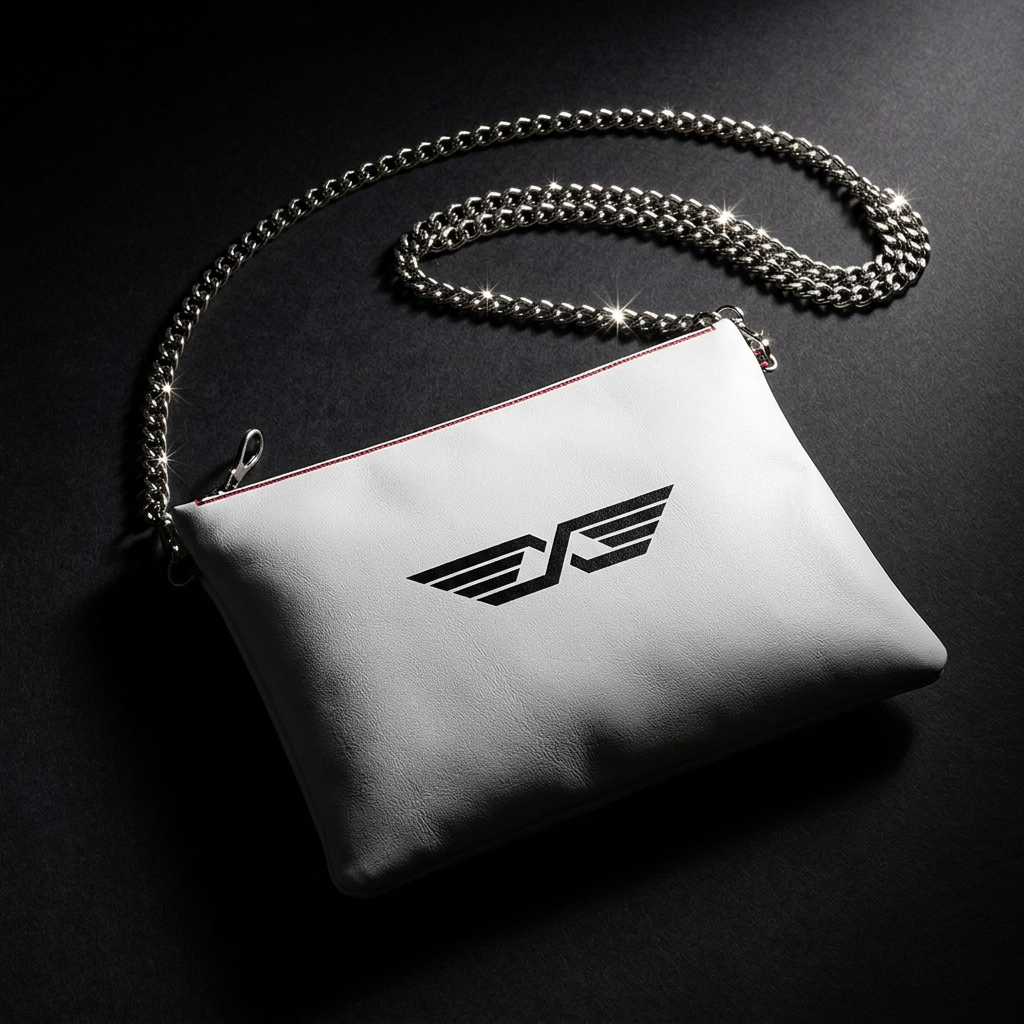 MoniKa Starling white crossbody purse with chain — dramatic lighting