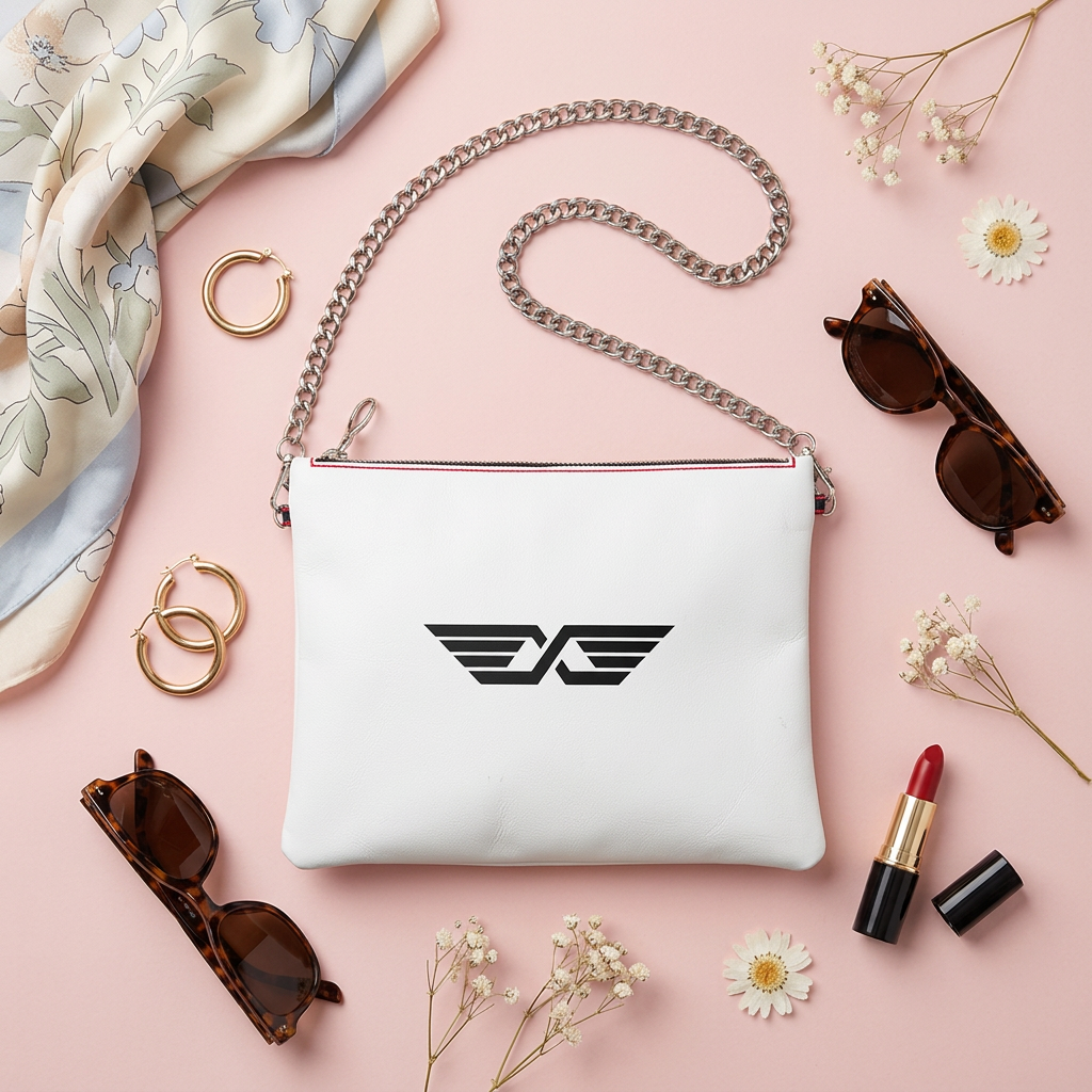 MoniKa Starling white crossbody purse with chain — flat lay