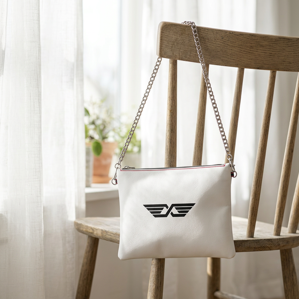 MoniKa Starling white crossbody purse with chain — natural light
