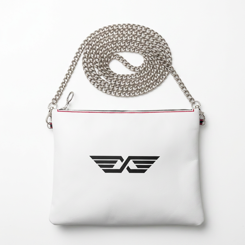 MoniKa Starling white crossbody purse with chain — studio shot