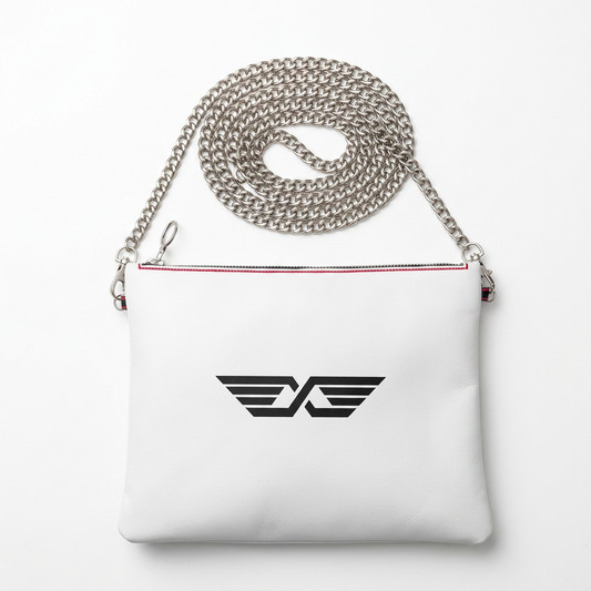 MoniKa Starling white crossbody purse with chain — studio shot